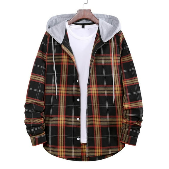 Guieoi Mens Coats Outerwear Winter Jackets Clearance Men Plaid Fashionable Casual Button Drawstring Long Sleeve Hooded Outwear Jacket Black Black*Friday/Cyber*Monday Clearance
