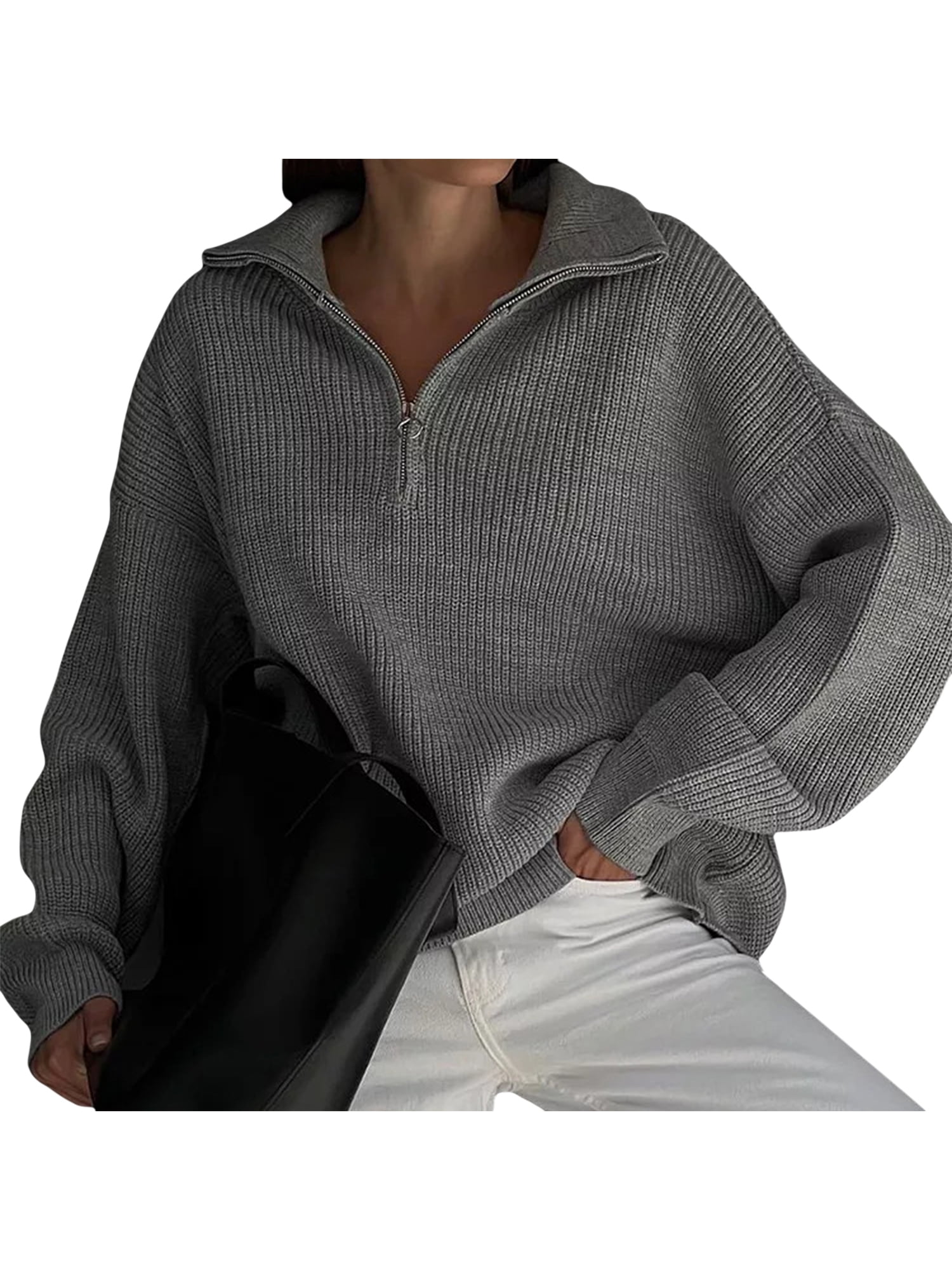 Collar AMILIEe Sleeve Women Lapel Long Tops Jumper Pullover Ribbed Knit V-Neck Knitwear Sweaters