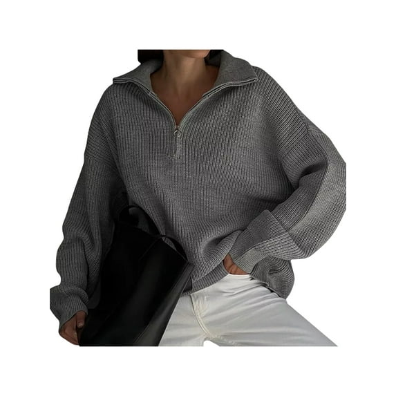 hirigin Women's Spring Autumn Casual Knitwear Solid Color Long Sleeve Lapel Half Zipper Sweater