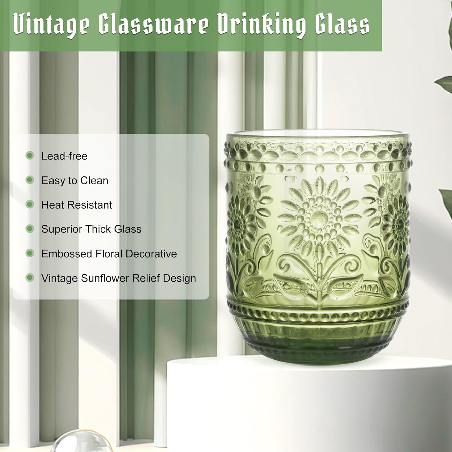 NANAHuang Vintage Drinking Glass Set of 4,12 oz Embossed Floral Drinkware Set,Green Drinking Glasses Cups Wine Glasses Colored Glassware for Whisky,Beer,Juice,Cocktail,Heavy Duty