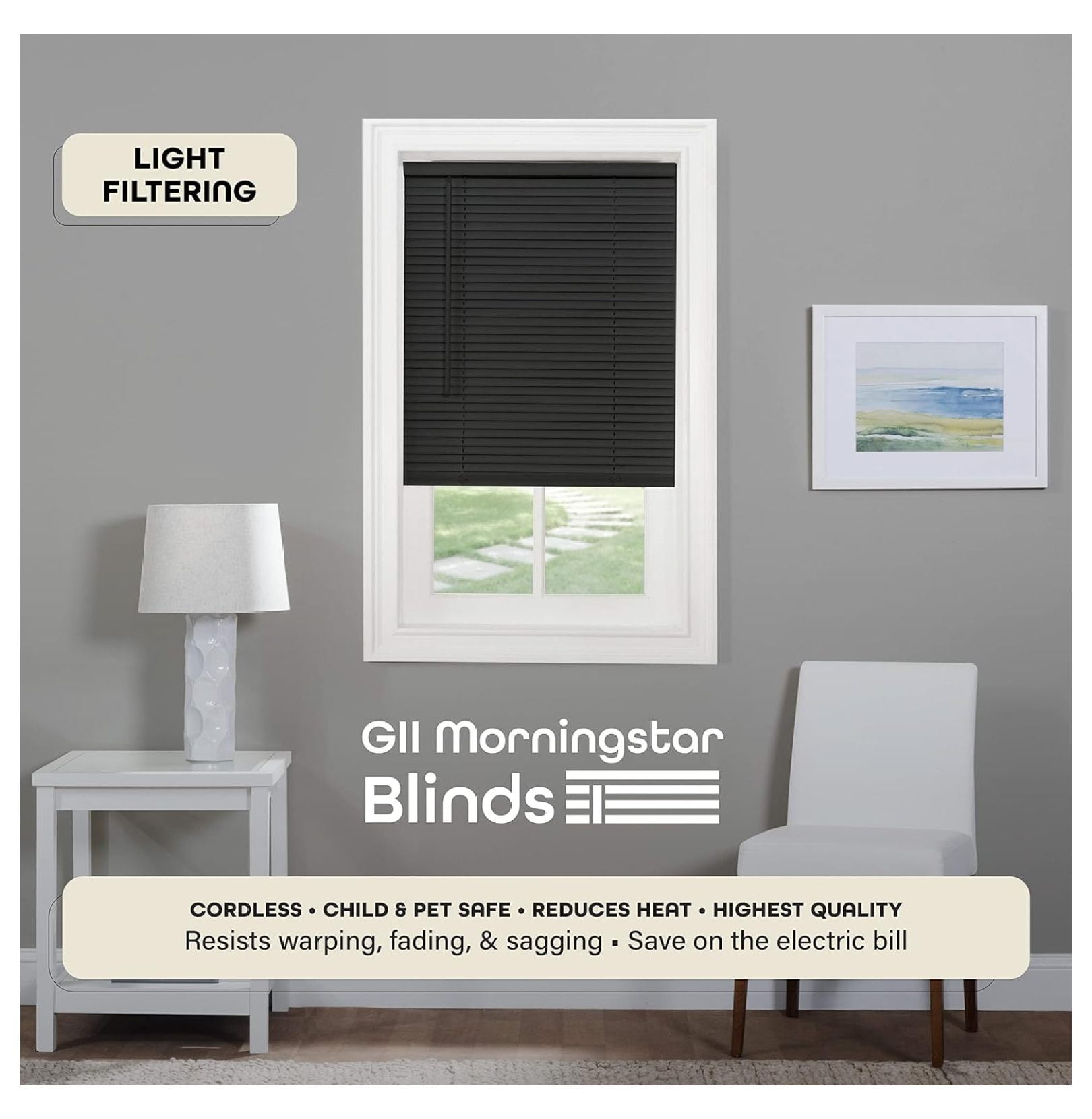 Cordless Light Filtering Mini Blind - 23 Inch Width, 72 Inch Length, 1" Slat Size - Black - Cordless GII Morningstar Horizontal Windows Blinds for Interior by Achim Home Décor