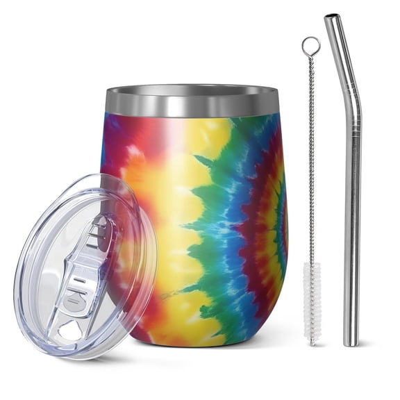 12oz Stemless Wine Tumblers Rainbow Tie Dye Concentric Circles Vacuum Insulated Stainless Steel Travel Tumbler Cups Mug with Lid and Straw for Champaign,Cocktail,Beer with Cleaning Brush