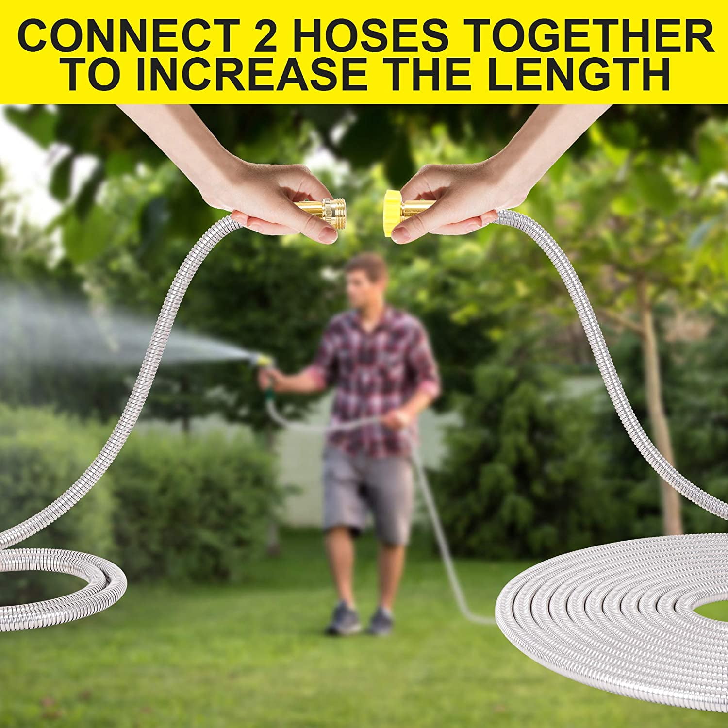 Heavy Duty Metal Garden Hose 25FT - Kink , Lightweight, 8 Function Sprayer, Stainless Steel Water Hose