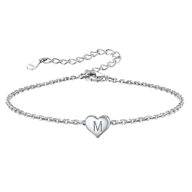 Silvora Pulsera de corazón inicial Pulseras de dijes Pulseras de cadena de plata de ley 925 para mujeres Adolescentes Niñas - Letra M Silvora Joyas con letras iniciales