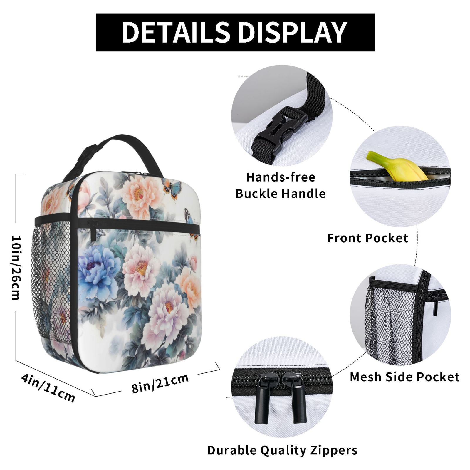 Lunch Bag For Women Men Insulated Portable Lunch Box Bento Box Office Picnic Travel Cooler Bag Flowers And Butterflies