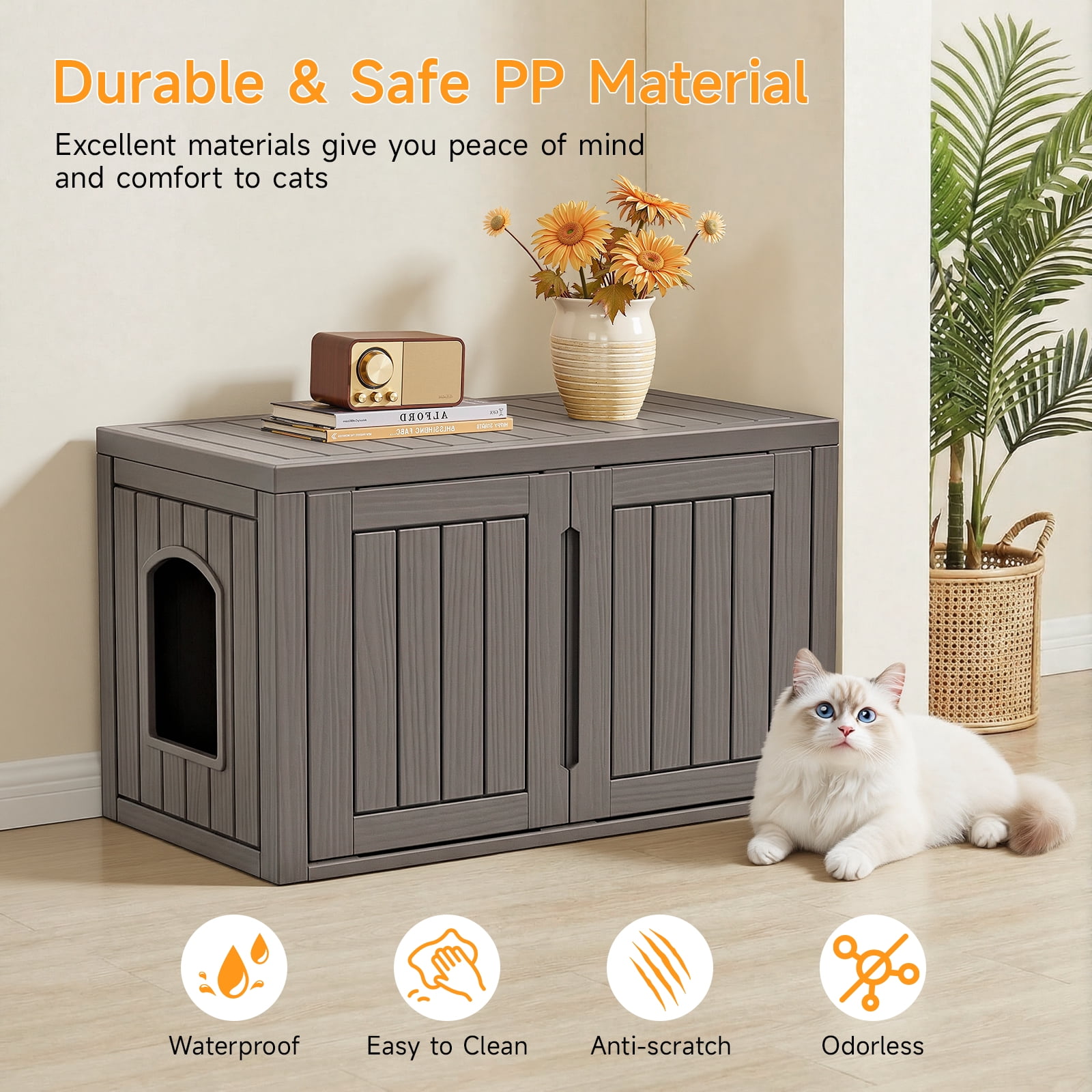 Dovov Oversized Hidden Cat Litter Box Enclosure Furniture, Multi-Functional Cat Washroom Bench with Removable Divider, Large Litter Box Storage Cabinet, Brown