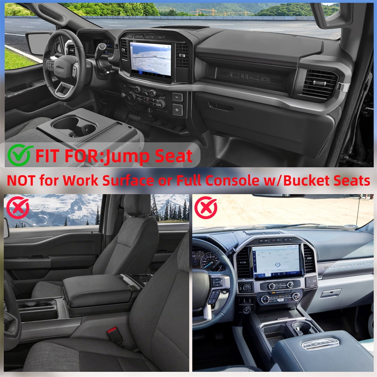 Front Seat Headrest Organizer For Ford F150 F250 2011-2024 2025 F350 F450 F550 F650 (Jump Seat Only), ABS Organizer Tray with Foldable Cover, Non-Slip Silicone Pads Accessories
