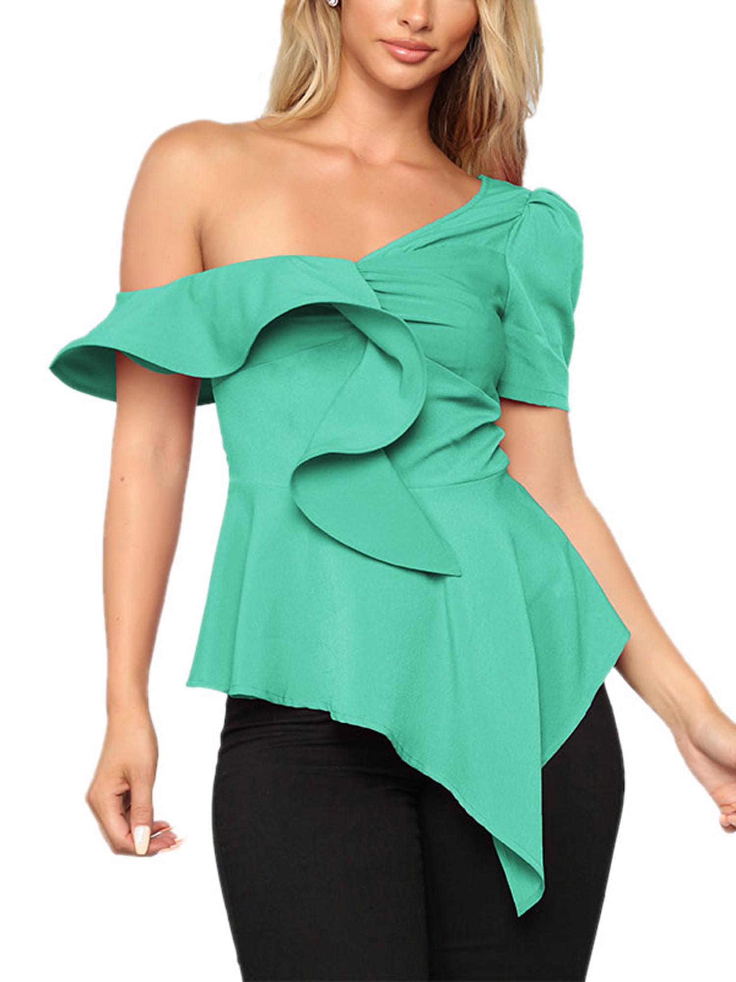 Lallc Women S One Shoulder Ruffle Blouse Slim Fit Shirt Short Sleeve Party Plain Tops