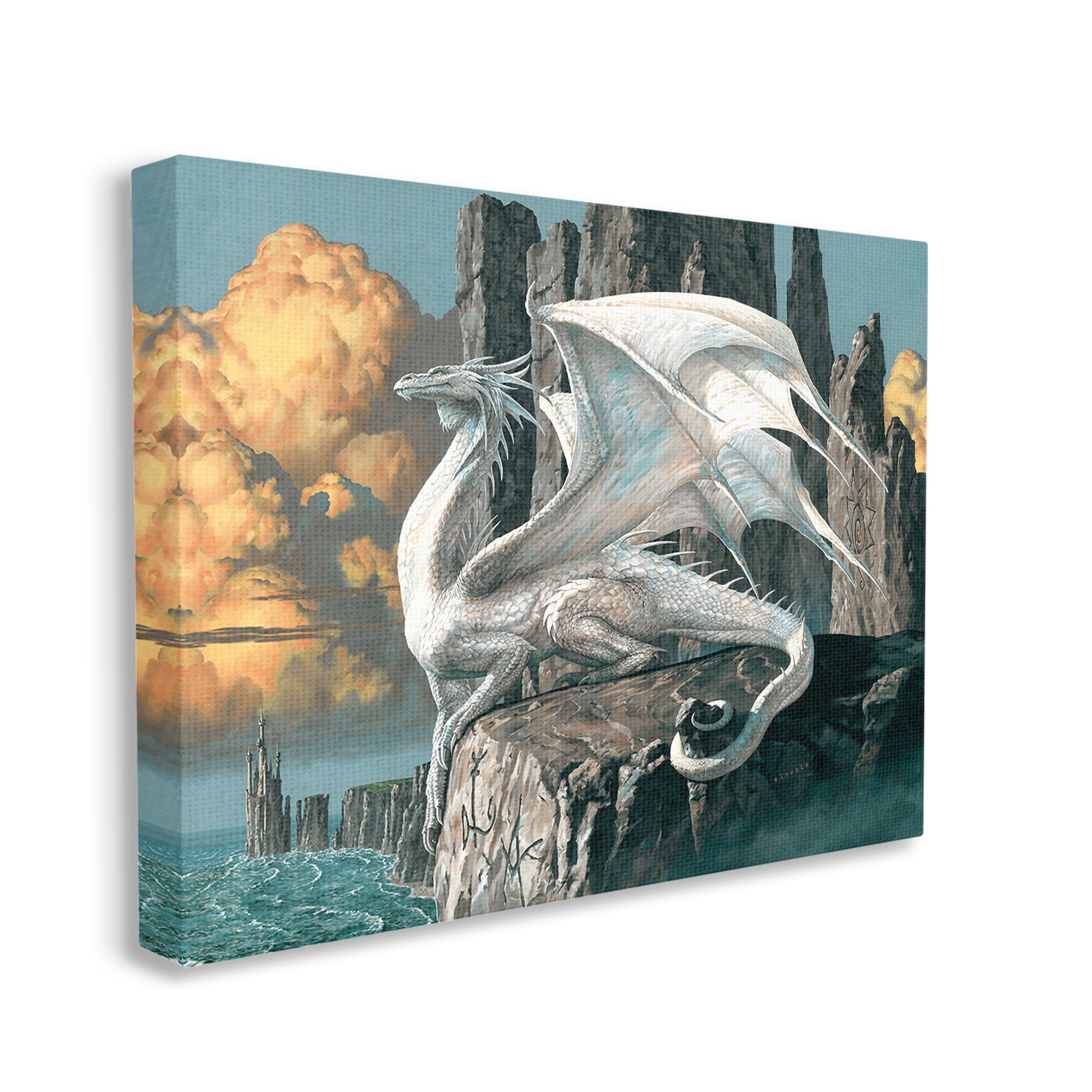 Stupell Industries Dragon Perched on Cliff Fairy Tales & Fantasy Painting Gallery Wrapped Canvas Art Print Wall Art, 20 x 16