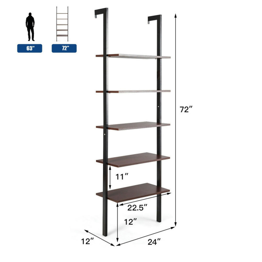Demi Bonn 5-Tier Wood Look Ladder Shelf with Metal Frame for Home, Multipurpose Open Bookshelf, Brown