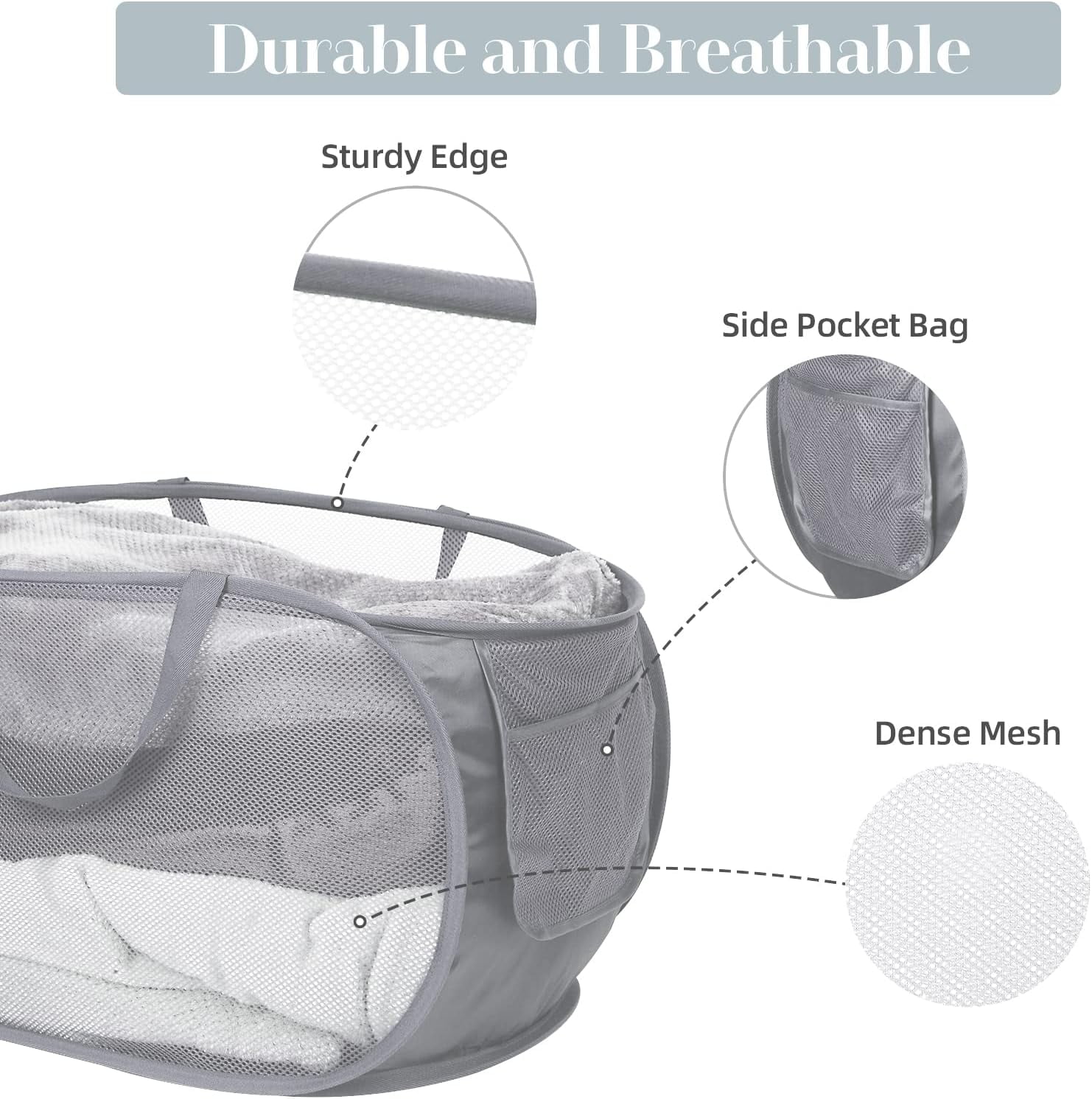 Kiibsot Strong Mesh Pop Up Laundry Basket, Collapsible Laundry Hamper with Side Pocket, Foldable Clothes Hamper with Durable Reinforced Handles for Laundry, Bathroom, Kids Room, Dorm or Travel
