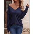 thumbnail image 4 of Long Sleeve Shirt for Women Fall Outfits Dressy Casual Fashion Clothing V Neck Tunic Tops with Button Navy Blue L, 4 of 6