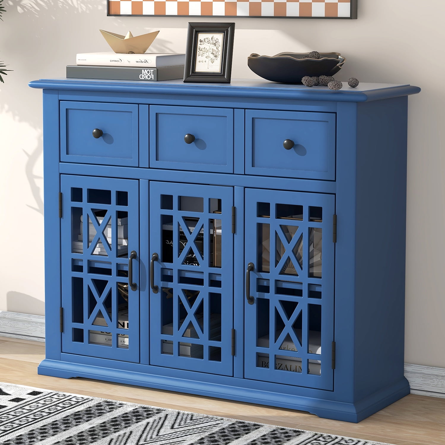Kadyn 35.4" Wood Storage Cabinet, Modern Console Table with 3 Doors, 3 Drawers and Interior Shelf, Solid Wood Entryway Storage Cabinet for Kitchen Living Room, Dark Blue Kadyn 35.4" Wood Storage Cabinet, Modern Console Table with 3 Doors, 3 Drawers and Interior Shelf, Solid Wood Entryway Storage Cabinet for Kitchen Living Room, Dark Blue