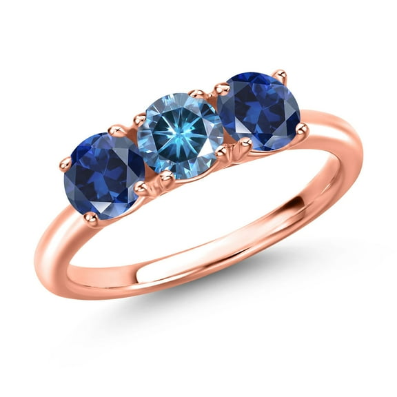 Gem Stone King 18K Rose Gold Plated Silver Persian Blue Moissanite and Blue Created Sapphire Engagement Ring for Women | 1.70 Cttw | Round 5MM | Gemstone Birthstone | Size 6