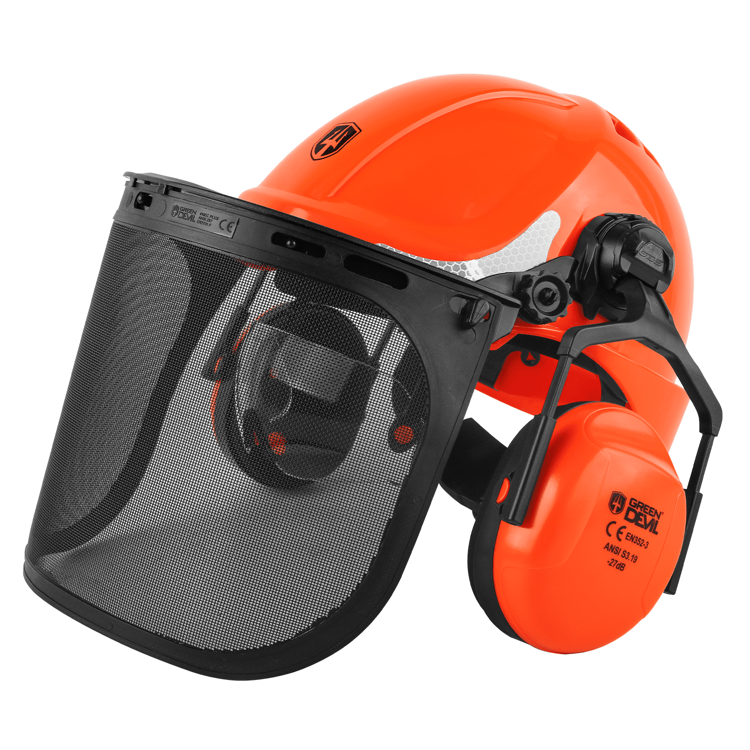 GREEN DEVIL Chainsaw Safety Protective Helmet Forestry Helmet with Build-in Visor Mesh Face Shield Ear Muffs 4 in 1 Ideal for Arborist Tree Work DIY Outdoor Logging Hard hat