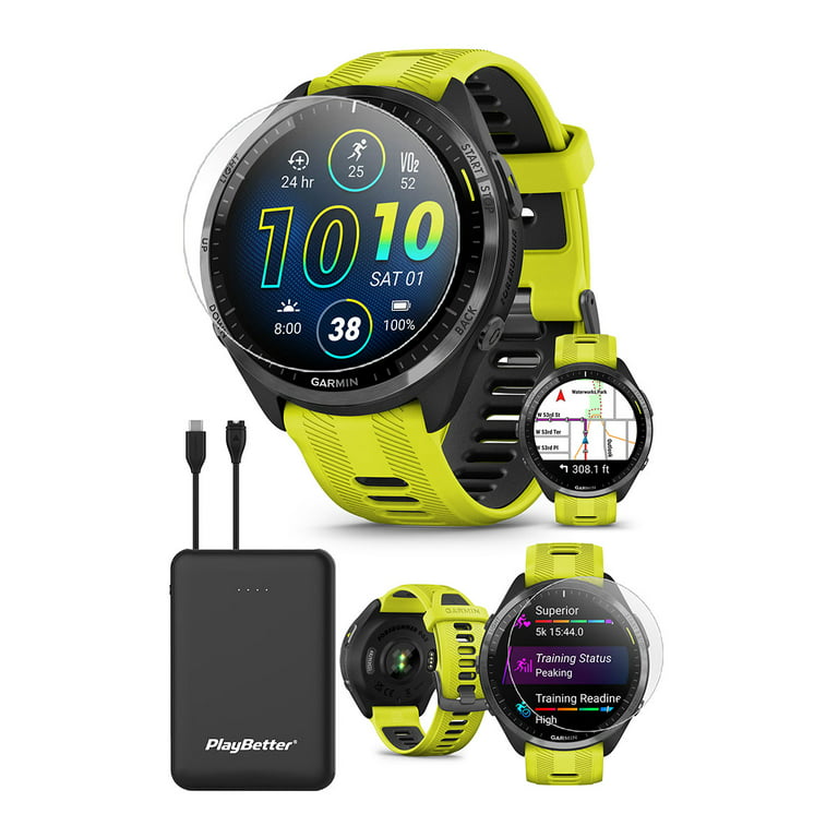 Garmin Forerunner (Amp Yellow/Black) Premium Running & Triathlon GPS Bundle with HD Screen Protectors & Portable Charger -