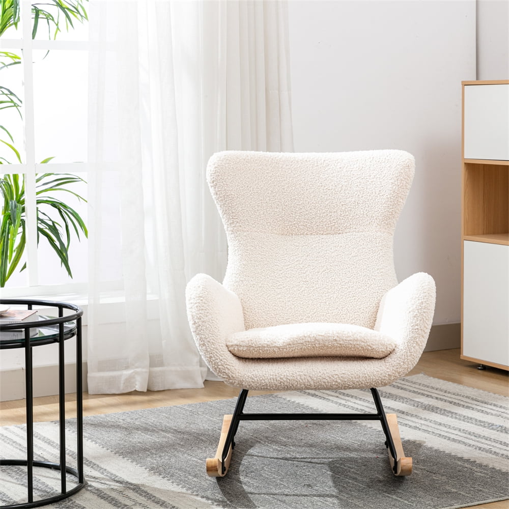 Living Room High Back Nursery Rocking Chair Padded Seat, Modern Teddy Fabric Accent Rocker Chair Recliner Chair with Armrests and Rubber Wood Legs, Upholstered Rocking Chair for Adults Kids, Beige