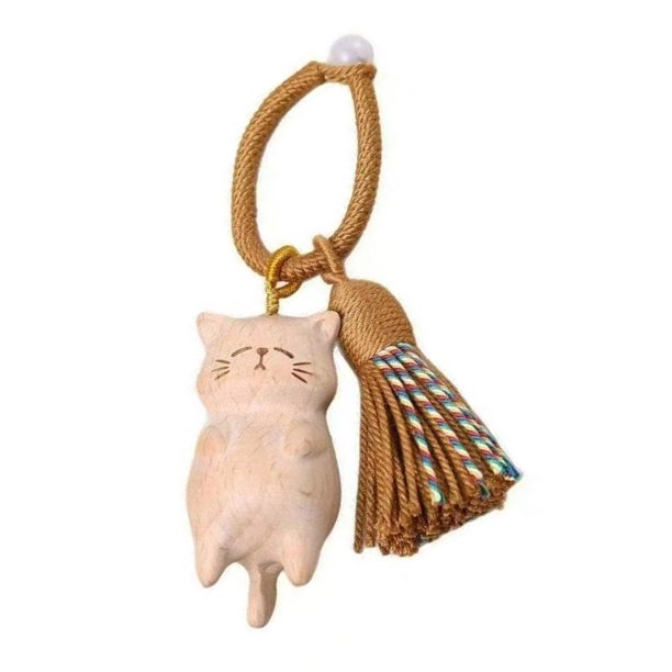 Llavero con colgante de gato de la suerte, de madera, hecho a mano, ideal para bolsos, teléfonos móviles, llaves de coche, etc.