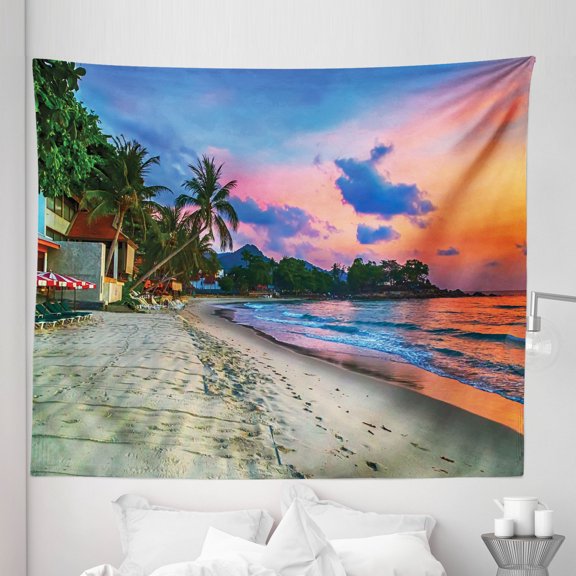Beach Tapestry, Romantic Colorful Sunset Scenery of Palm Tree Jungle Sandy Coast Town, Fabric Wall Hanging Decor for Bedroom Living Room Dorm, 5 Sizes, Burnt Sienna Multicolor, by Ambesonne