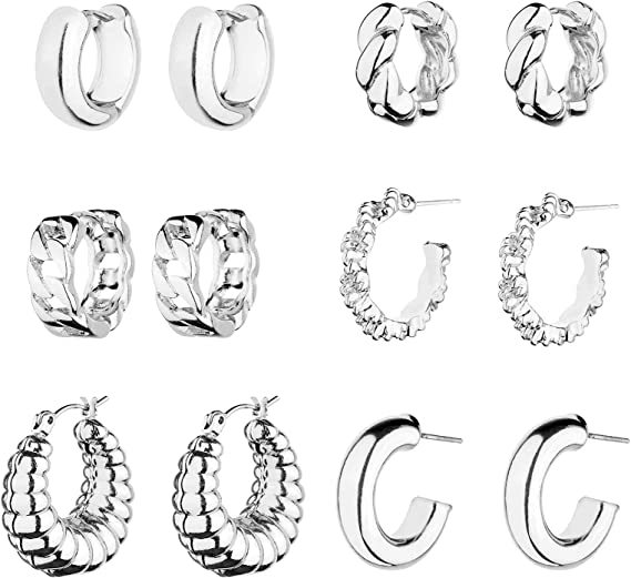 Wgoud 14K Gold Hoop Earrings for Women Hypoallergenic, 6 Pack Chunky Huggie Hoops Earring Set