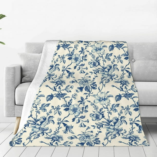 Balery Vintage Blue Floral Manta de Felpa Suave y Acogedora – Cobija de Franela Aterciopelada para Cama, Lavable y Cálida para Sofá, Mascotas, Transpirable-80"x60"