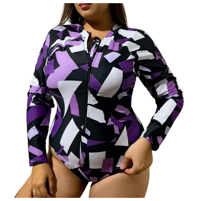 MKLEKYY Trajes De Baño Mujer Women'S Fashion Long Sleeve Printed Zip Conservative Plus Size Swimsuit