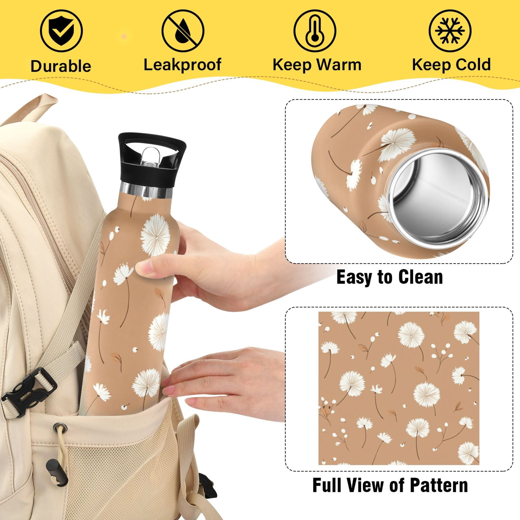 Kids Insulated Stainless Steel Sports Water Bottle 600ml (20oz) Adorabledandelion Pattern
