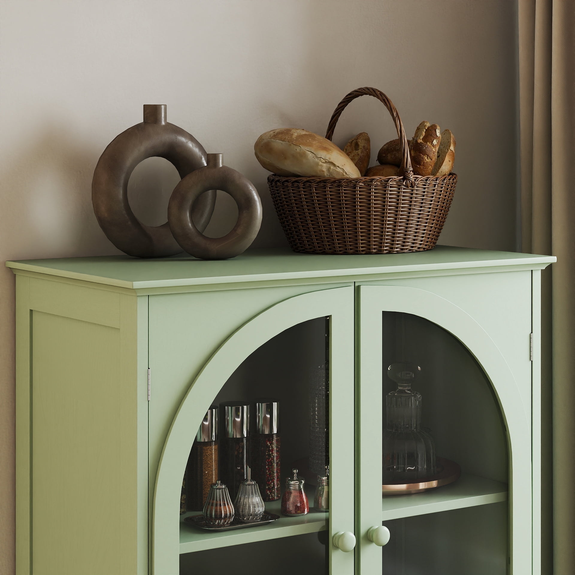 Aukfa Buffet Pantry Cabinet,Arched Glass Door Wood Sideboard Storage Cabinet for Dining Room Hallway Entryway,Green