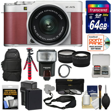 Fujifilm X-A5 Wi-Fi Digital Camera & 15-45mm XC Lens (Pink) with 64GB Card + Battery & Charger + Backpack + Tripod + Flash + Tele/Wide Lens