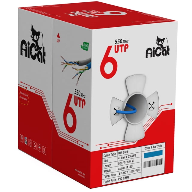Cable Ethernet AiCat Cat6 de 152 m, 23 AWG, 10 Gbps, UTP, azul