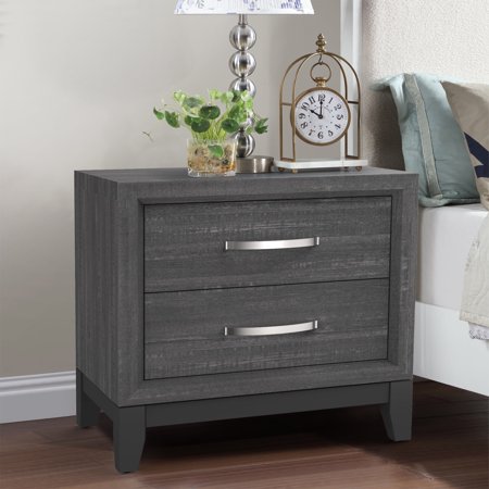Contemporary Grey Solid Wood Nightstand with 2 Drawers Modern Bedside End Table for Bedroom or Living Room