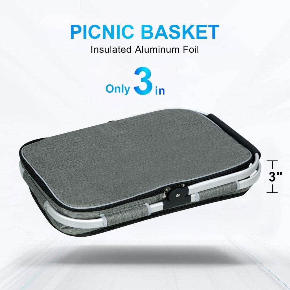 35L Large 2 Layers Picnic Basket Waterproof Thermal Insulation Foldable Aluminum Alloy Frame with Removable Inner Bag for Picnic Camping Fishing Shopping Kitchen Car Trunk