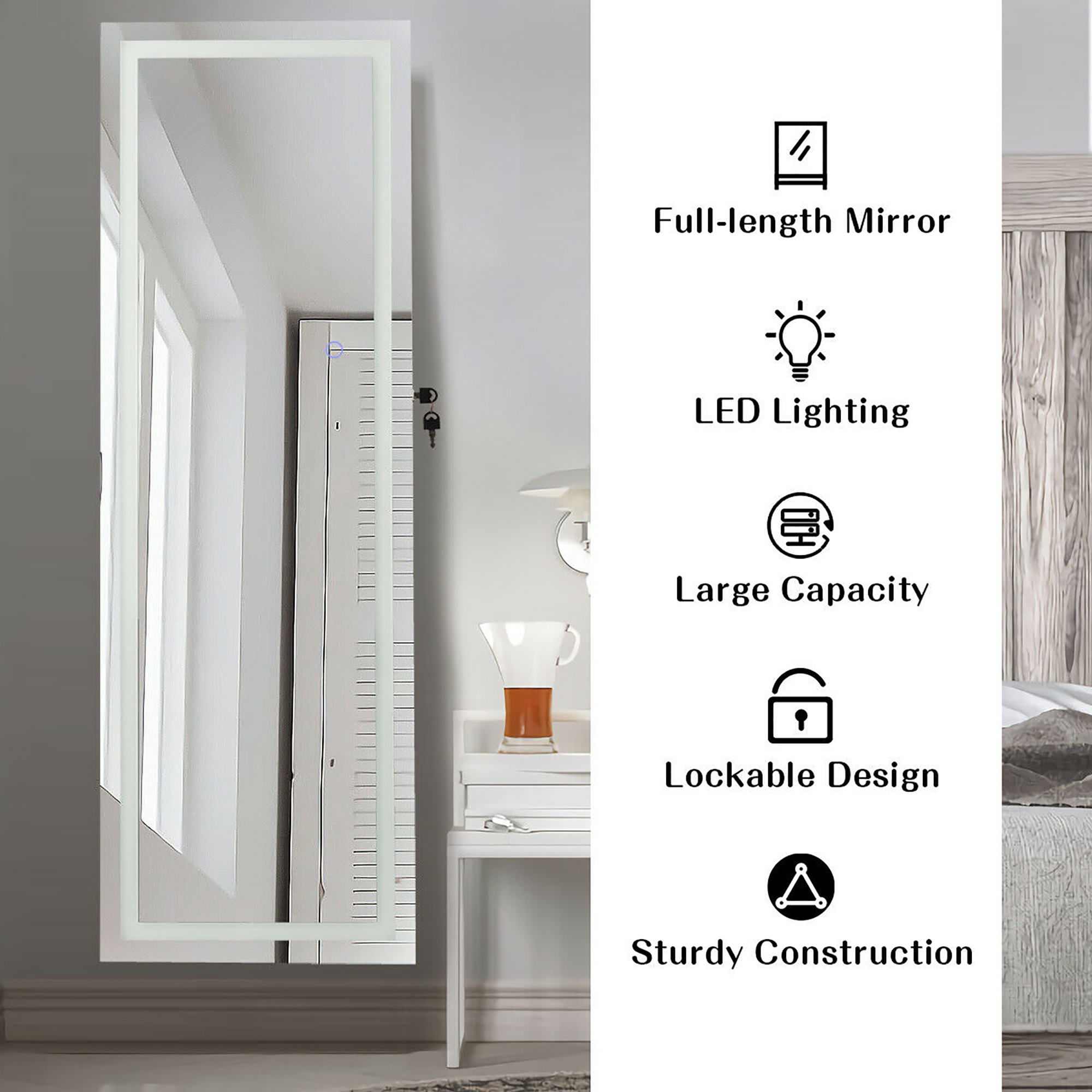 Costway Door Wall Mount Touch Screen LED Light Mirrored Jewelry Cabinet  Storage White