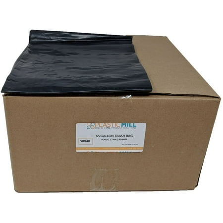 PlasticMill 65 Gallon, Black, 2.7 Mil, 50x48, 100 Bags/Case, Ultra Heavy Duty, Garbage Bags / Trash Can Liners / Contractor