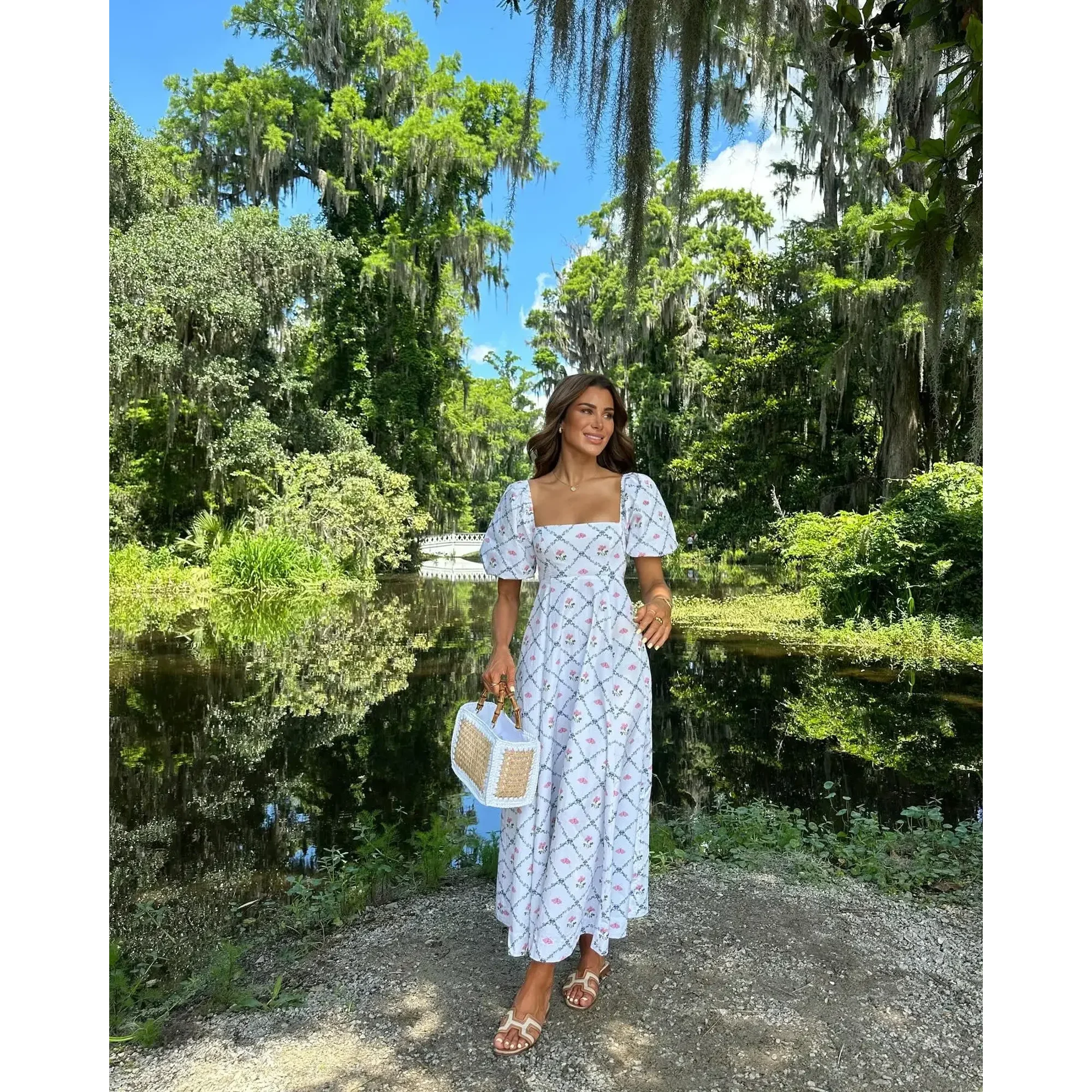 Elegant Imprime Puff Manches Courtes Maxi Robe Femmes Doux Col Carre A Ligne Mince Robes Ete Nouvelle Dame Vacances Rue Vestidos Walmart
