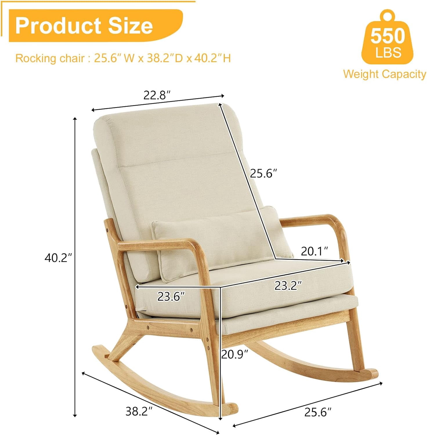 Nursery Rocking Chair Removable Glider Rocker High Backrest Rocking Armchair Mid-Century Accent Chair with Lumber Pillow for Bedroom, Living Room, Nursery, Beige