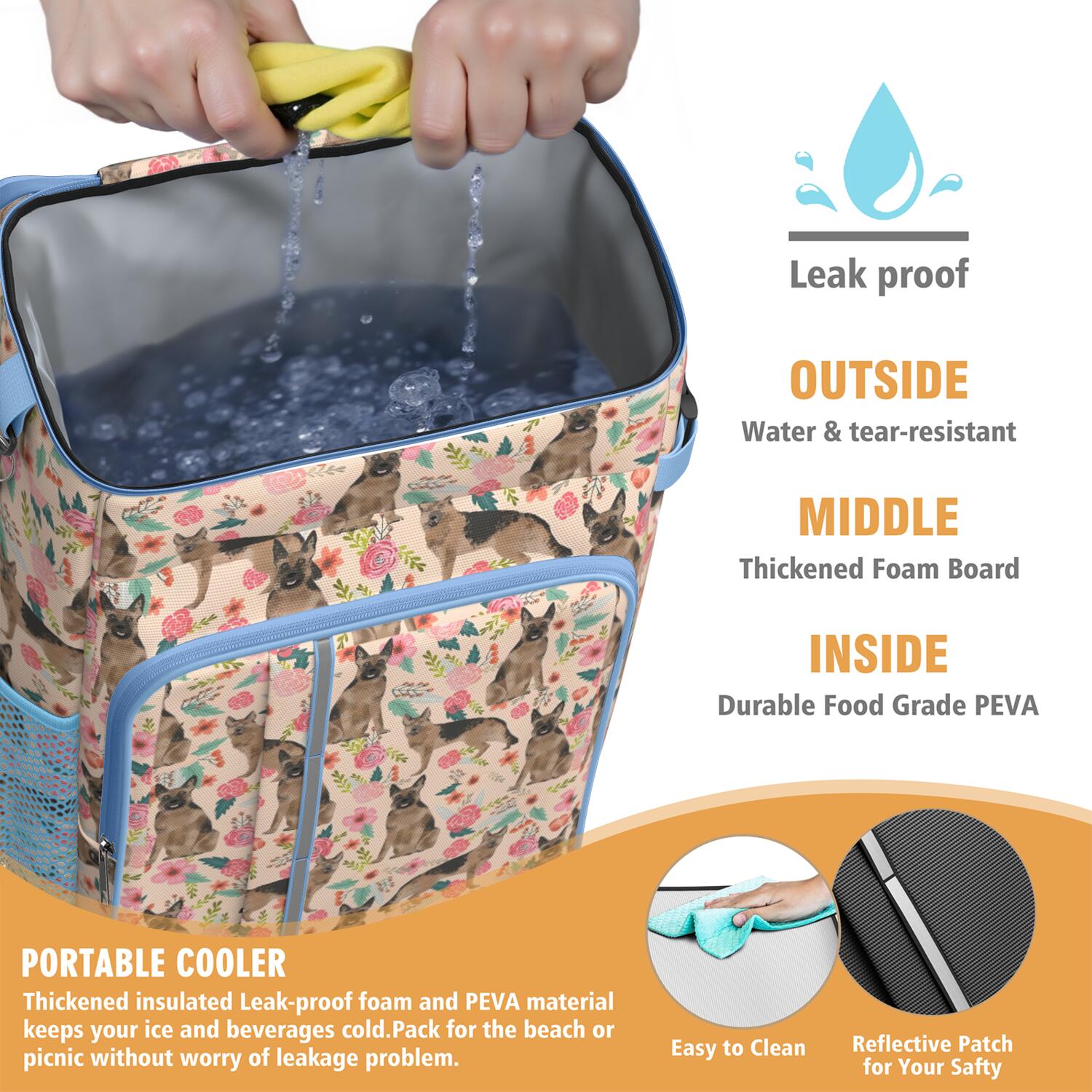 Travel Cooler Bag - German Shepherd with Flowers Camping Beer Cooler Backpack with Bottle Opener- Waterproof Insulated Picnic Backpacks - Cooler Bag for Beach