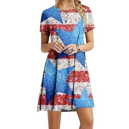

Hvyesh Women s Sundresses 2023 Casual Loose Fit Midi Dress USA Flag Graphic Crew Neck Dresses Short Sleeve Trendy Flowy Dress Light blue