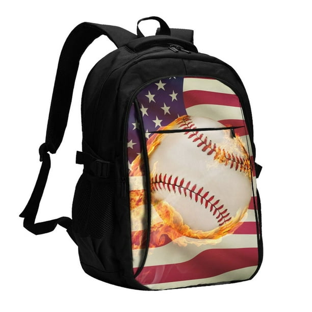 Fotbe Baseball Ball With Flag Mochila con Estampado y Puerto USB para Hombre y Mujer, Mochila Antirrobo, Mochila de Viaje, Mochila Escolar, Mochila Universitaria