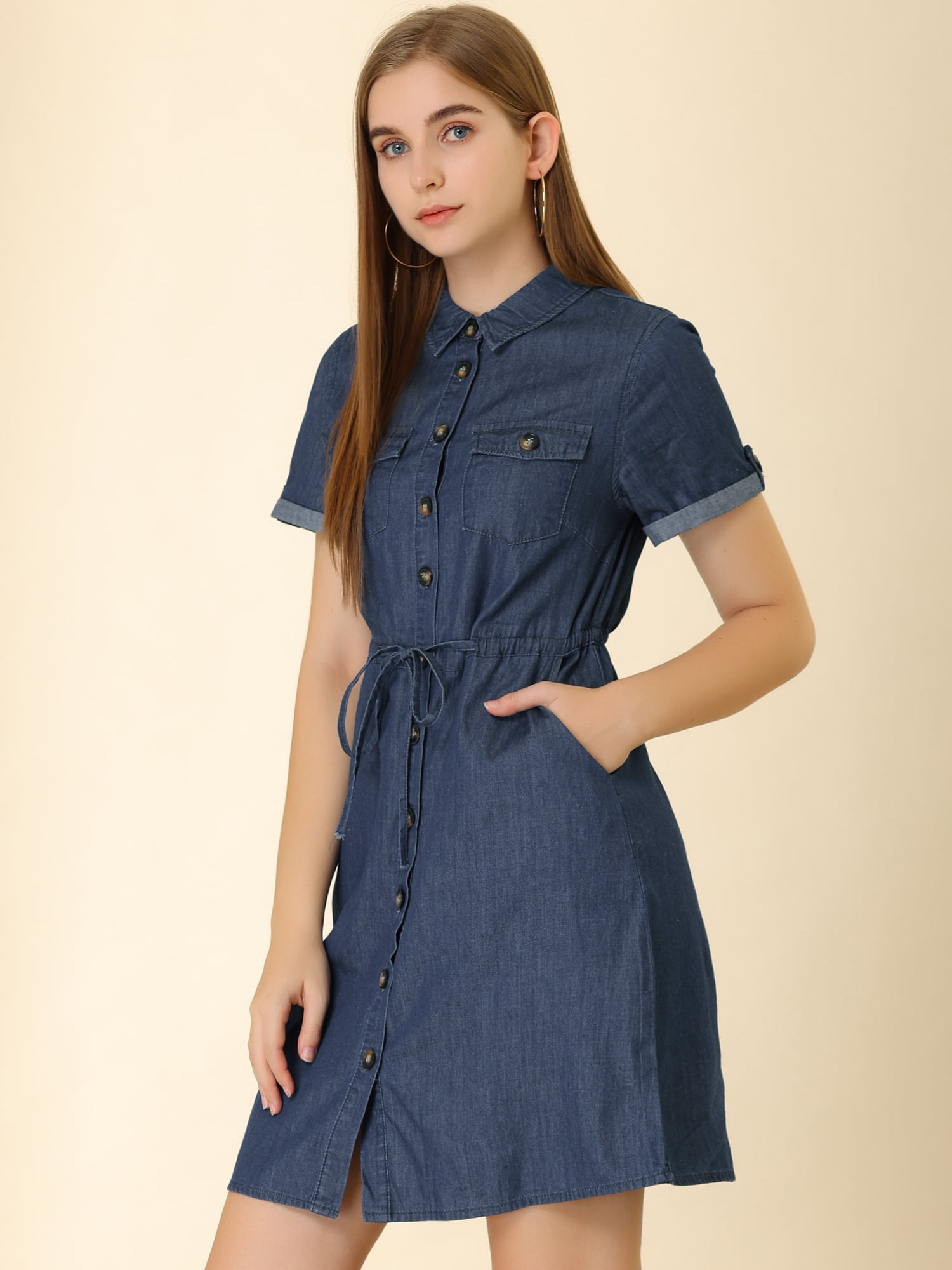 DARING DIVA Casual Button Front Summer Short Sleeve Dresses S Medium Blue