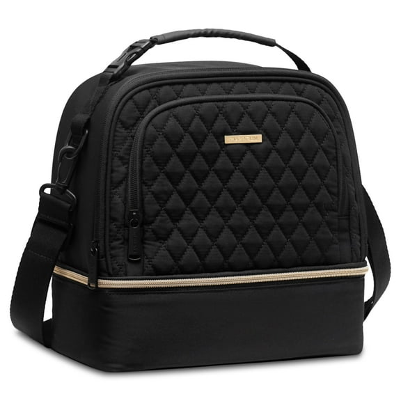 Insulated Lunch Bag for Women Double Deck Lunchbox, 15 Can Leakproof Reusable Cooler for Work, Black