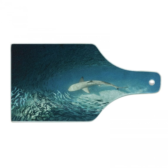 Sea Animals Cutting Board, Shark and Small Fish Ocean Wilderness Waterscape Wildlife Nature Theme Picture, Tempered Glass Cutting and Serving Board, Wine Bottle Shape, Teal Beige, by Ambesonne