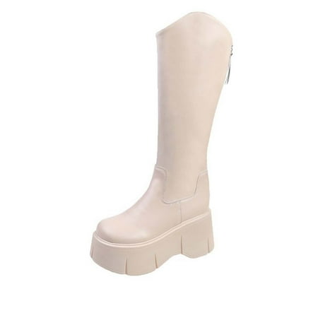 

BELLZELY Womens Shoes Wide Width Clearance Women s Trendy Slouchy High-Heels Knee High Boots 8CM Thick Sole Wedge Round-Toe Boots