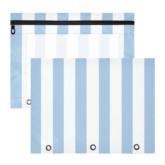 Light Blue-white Stripes 3-Ring Binder Pouches A4 Size Zipper Pocket File Storage 2 Packs