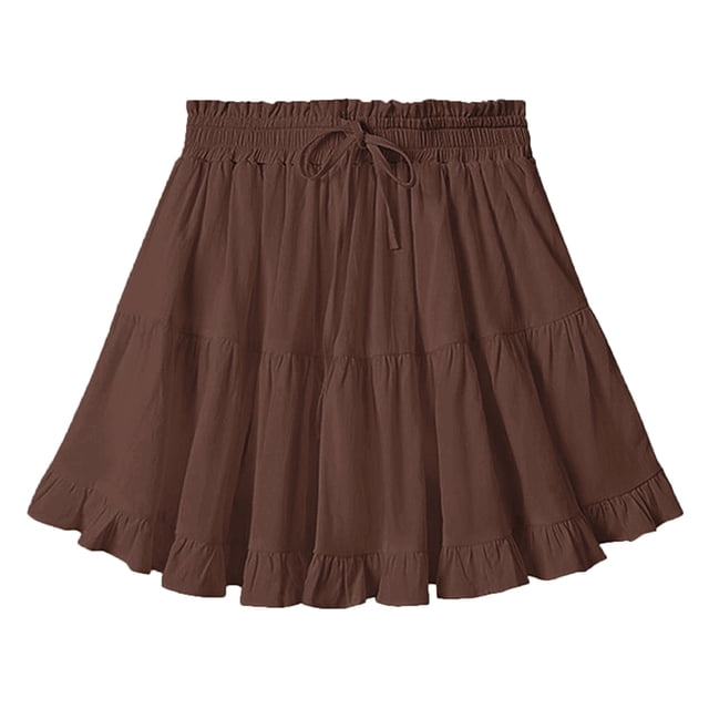 Women Boho Ruffled Tiered Swing Beach Skorts Drawstring High Waisted Tennis Golf Y2K Short Skirt Brown M