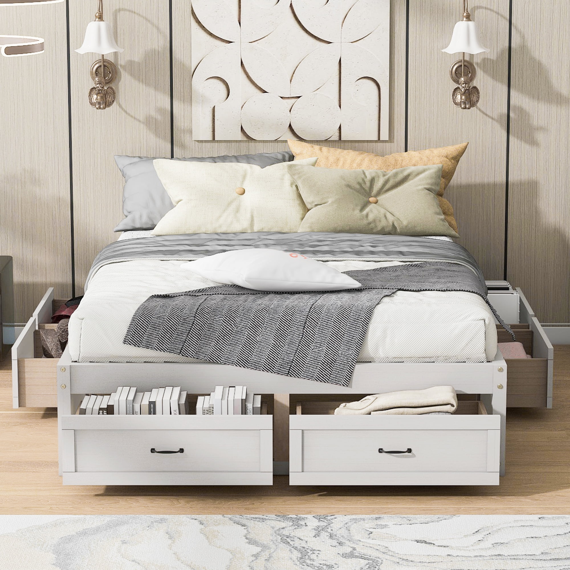 Aukfa Queen Size Storage Platform Bed with 6 Drawers, Farmhouse Captain Bed Frame, Antique White