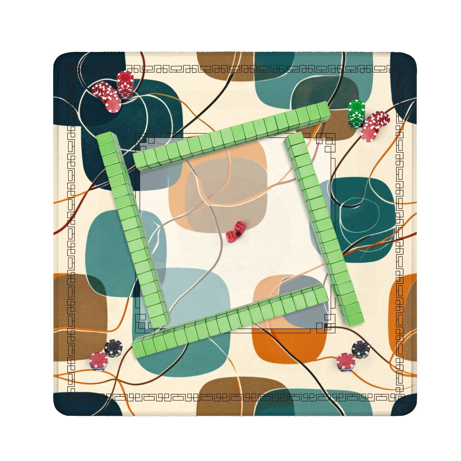 Mahjong Mat 31.5" x 31.5" Abstract Mid Century Modern Geometric Retro Shapes Teal Orange Beige Non-Slip Noise Reduction American Mahjong Tiles Table Cover for Dominoes Poker Card Board Games Gift