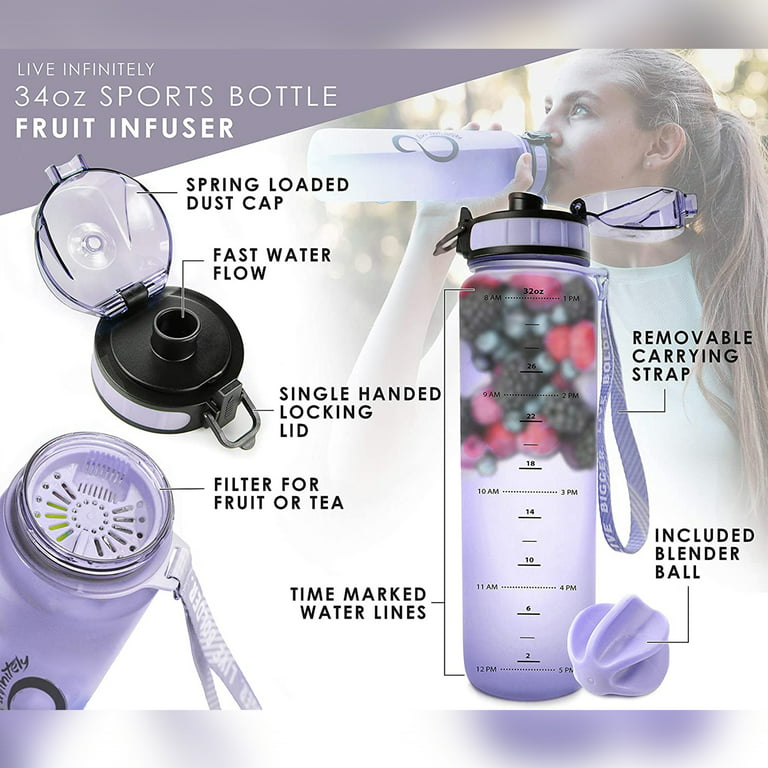 Live Infinitely Gym Water Bottle with Time Marker Fruit Infuser and Shaker 34 oz Lolipop