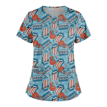 

HIMIWAY Plus Size Cute Printed Scrub Working Uniform Tops For Women Cross V-Neck Short Sleeve Fun T-Shirts Workwear Tee With Pockets