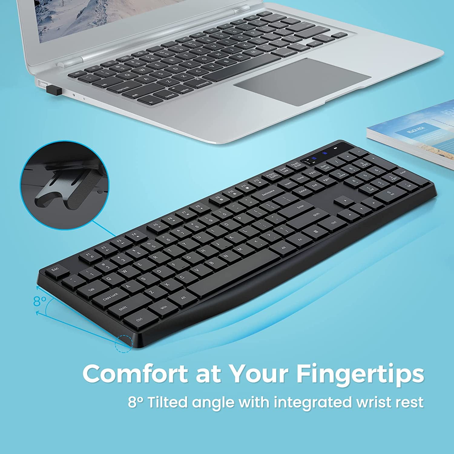 Wireless Keyboard MK98, 2.4G USB Computer Cordless Keyboard, Enlarged Indicator Light, Ergonomic Full Size PC with Number Pad for Windows, Laptop, Desktop, Chromebook, Notebook, Black